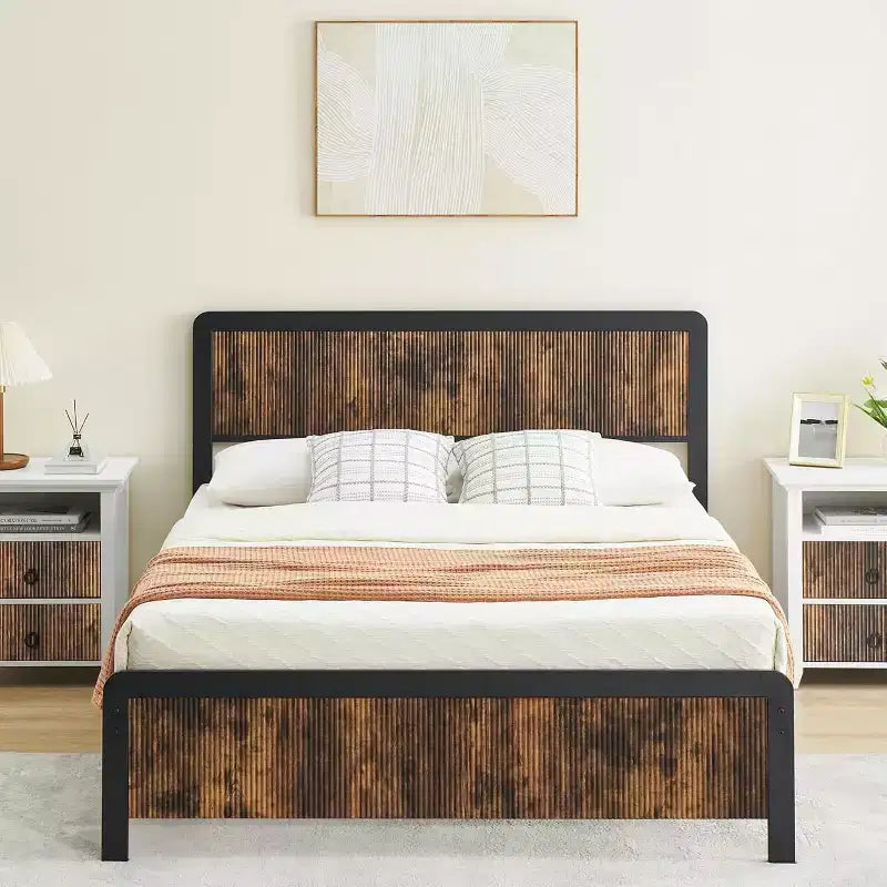 Struttura Letto con Testiera e Pediera in Legno Curvo, Supporto a Doghe Metalliche, Contenitore Sotto il Letto, Angoli Arrotondati Sicuri, Grigio