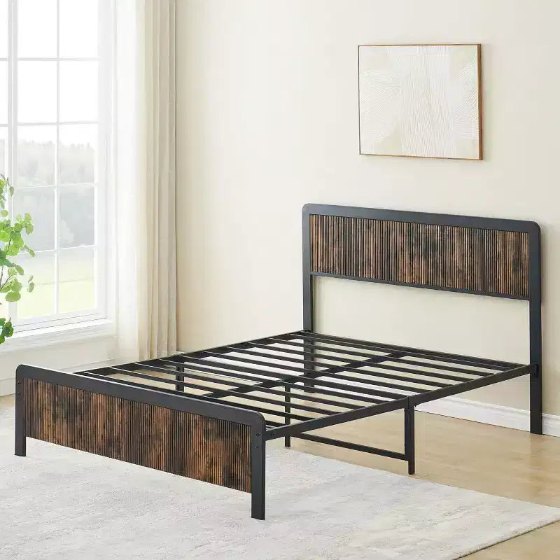 Struttura Letto con Testiera e Pediera in Legno Curvo, Supporto a Doghe Metalliche, Contenitore Sotto il Letto, Angoli Arrotondati Sicuri, Grigio