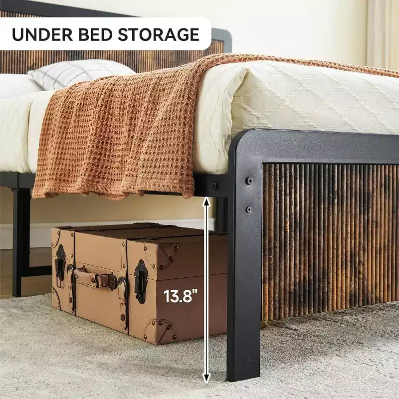 Struttura Letto con Testiera e Pediera in Legno Curvo, Supporto a Doghe Metalliche, Contenitore Sotto il Letto, Angoli Arrotondati Sicuri, Grigio