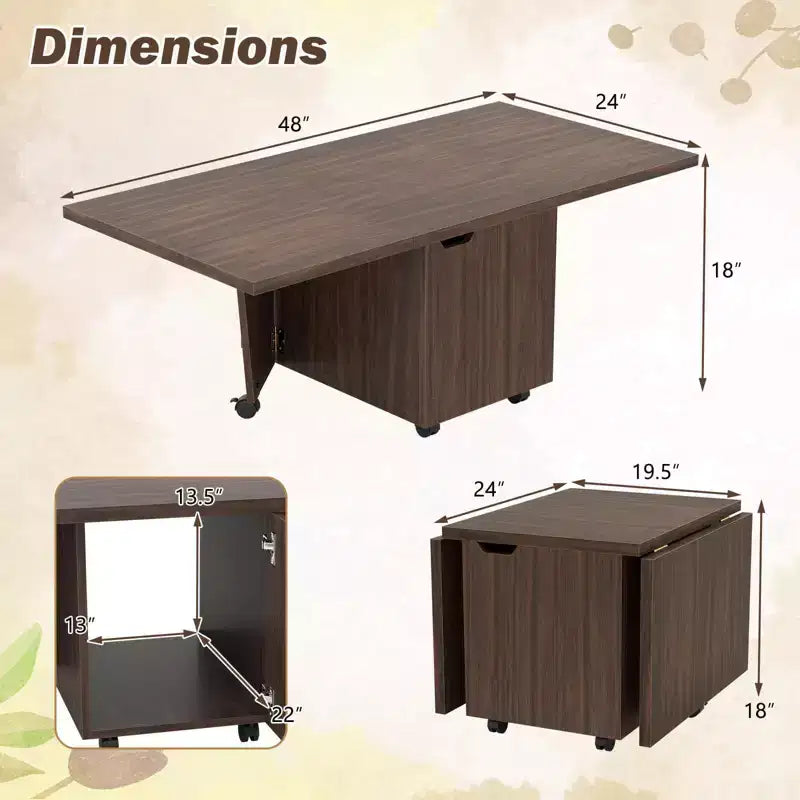 Tavolino da Caffè Pieghevole 122 cm Allungabile con Armadietti e Ruote – Rovere/Noce/Marrone