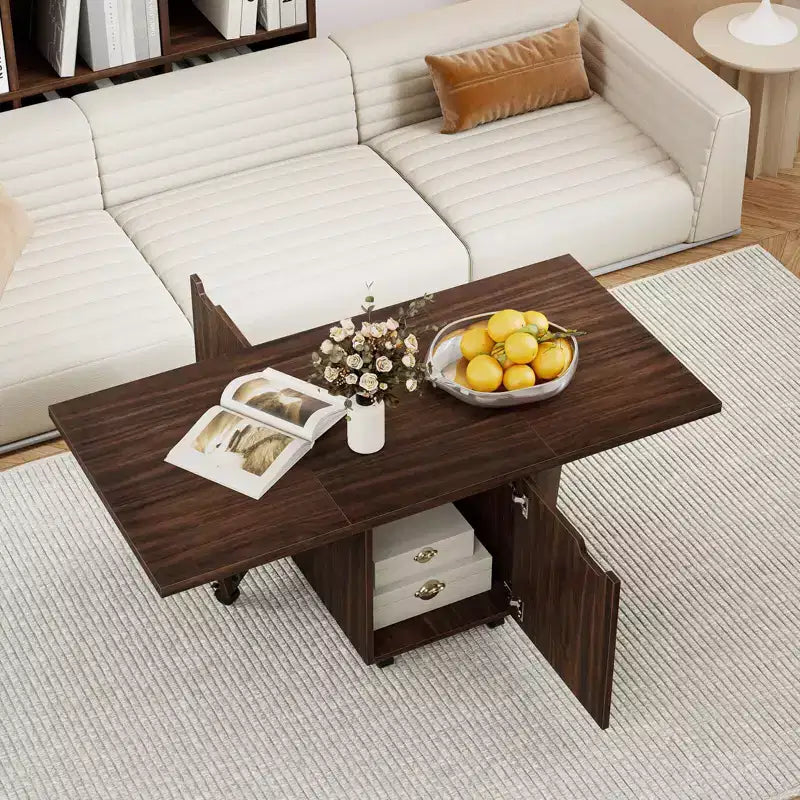 Tavolino da Caffè Pieghevole 122 cm Allungabile con Armadietti e Ruote – Rovere/Noce/Marrone