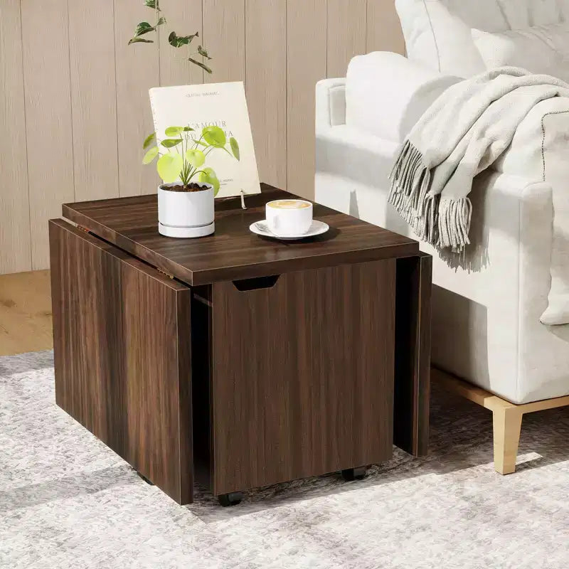 Tavolino da Caffè Pieghevole 122 cm Allungabile con Armadietti e Ruote – Rovere/Noce/Marrone