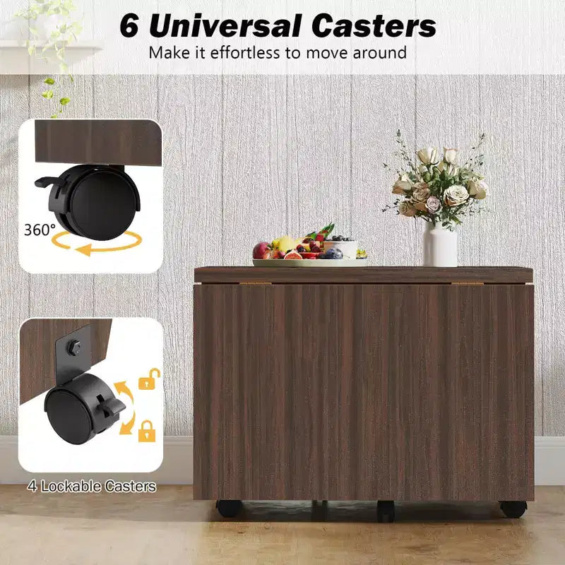 Tavolino da Caffè Pieghevole 122 cm Allungabile con Armadietti e Ruote – Rovere/Noce/Marrone