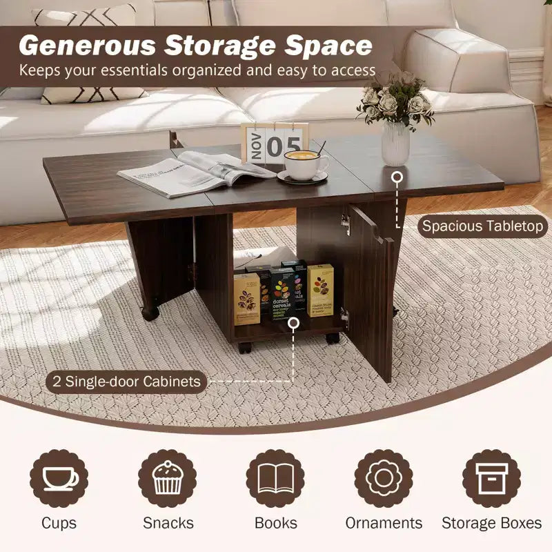 Tavolino da Caffè Pieghevole 122 cm Allungabile con Armadietti e Ruote – Rovere/Noce/Marrone