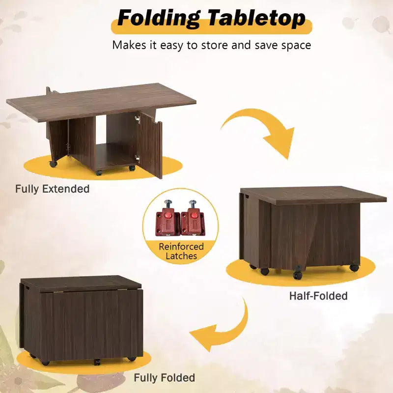 Tavolino da Caffè Pieghevole 122 cm Allungabile con Armadietti e Ruote – Rovere/Noce/Marrone