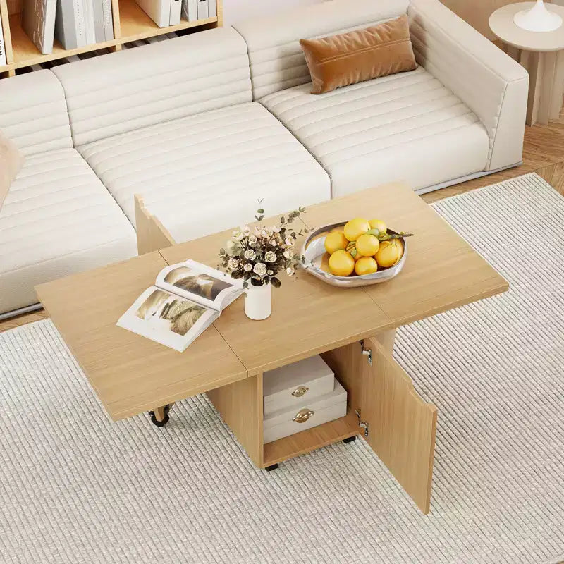 Tavolino da Caffè Pieghevole 122 cm Allungabile con Armadietti e Ruote – Rovere/Noce/Marrone