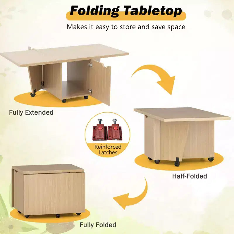 Tavolino da Caffè Pieghevole 122 cm Allungabile con Armadietti e Ruote – Rovere/Noce/Marrone