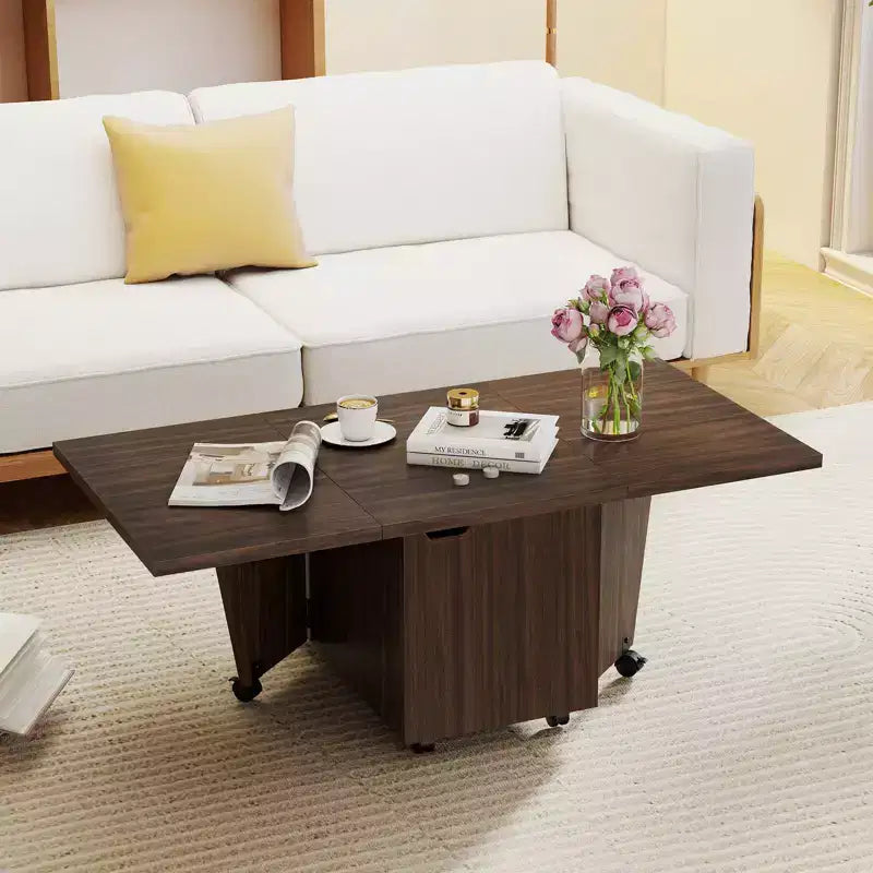 Tavolino da Caffè Pieghevole 122 cm Allungabile con Armadietti e Ruote – Rovere/Noce/Marrone