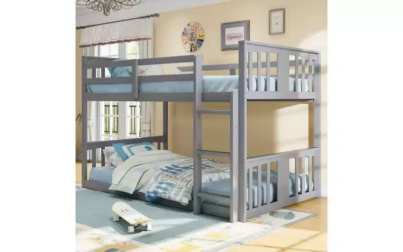Zevemomo Low Twin Over Twin Bunk Bed, Solid Pine Wood Frame with Built-in Ladder, Converts to 2 Twin Beds, Space-Saving Floor Bed for Bedroom,Gray