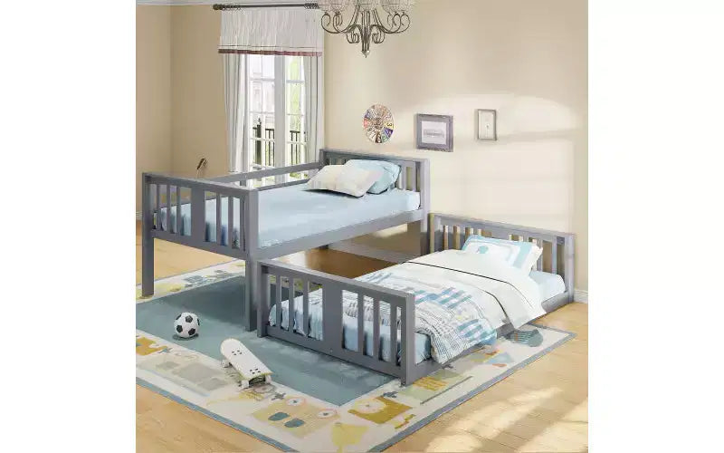 Zevemomo Letto a Castello Basso Doppio su Doppio, Struttura in Pino Massiccio con Scala Integrata, Convertibile in 2 Letti Singoli, Letto a Terra Salvaspazio per Camera da Letto, Grigio