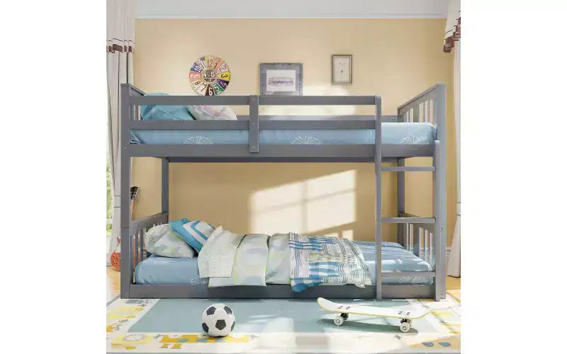 Zevemomo Letto a Castello Basso Doppio su Doppio, Struttura in Pino Massiccio con Scala Integrata, Convertibile in 2 Letti Singoli, Letto a Terra Salvaspazio per Camera da Letto, Grigio
