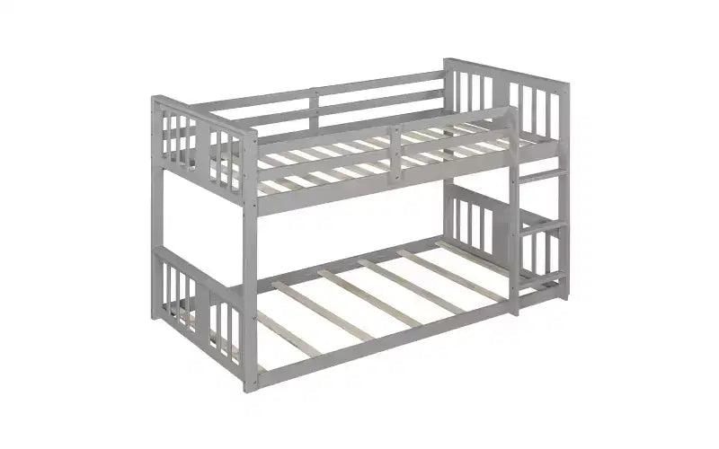 Zevemomo Letto a Castello Basso Doppio su Doppio, Struttura in Pino Massiccio con Scala Integrata, Convertibile in 2 Letti Singoli, Letto a Terra Salvaspazio per Camera da Letto, Grigio