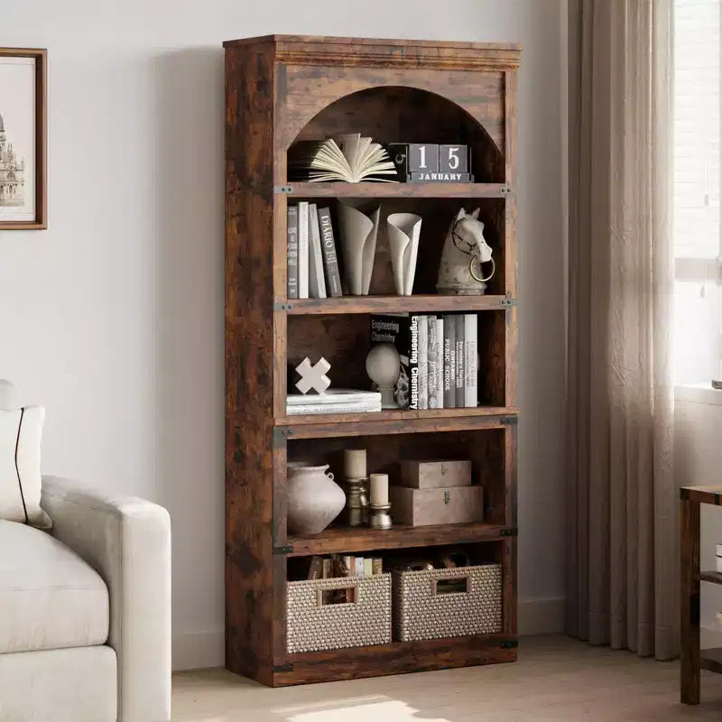 Libreria ad arco in stile rustico alta 174,5 cm, scaffale a 5 ripiani in legno per soggiorno, ufficio e biblioteca