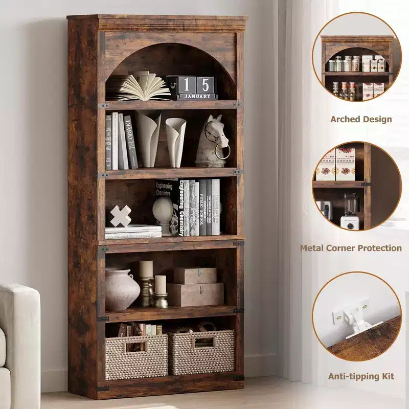 Libreria ad arco in stile rustico alta 174,5 cm, scaffale a 5 ripiani in legno per soggiorno, ufficio e biblioteca