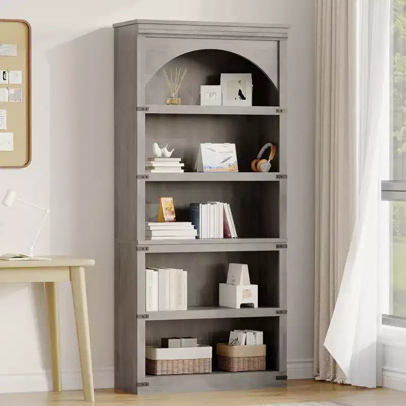 Libreria ad arco in stile rustico alta 174,5 cm, scaffale a 5 ripiani in legno per soggiorno, ufficio e biblioteca