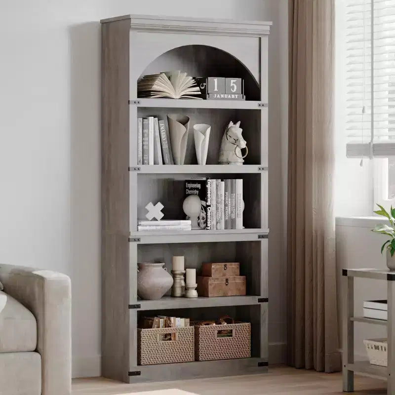 Libreria ad arco in stile rustico alta 174,5 cm, scaffale a 5 ripiani in legno per soggiorno, ufficio e biblioteca