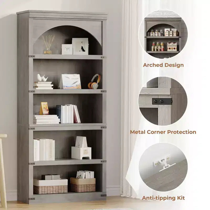 Libreria ad arco in stile rustico alta 174,5 cm, scaffale a 5 ripiani in legno per soggiorno, ufficio e biblioteca