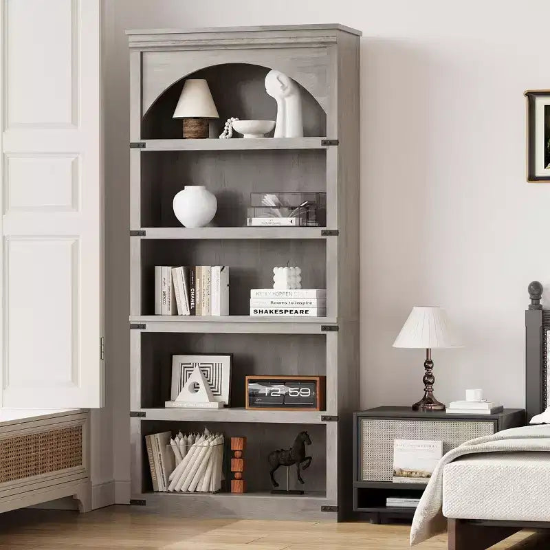 Libreria ad arco in stile rustico alta 174,5 cm, scaffale a 5 ripiani in legno per soggiorno, ufficio e biblioteca