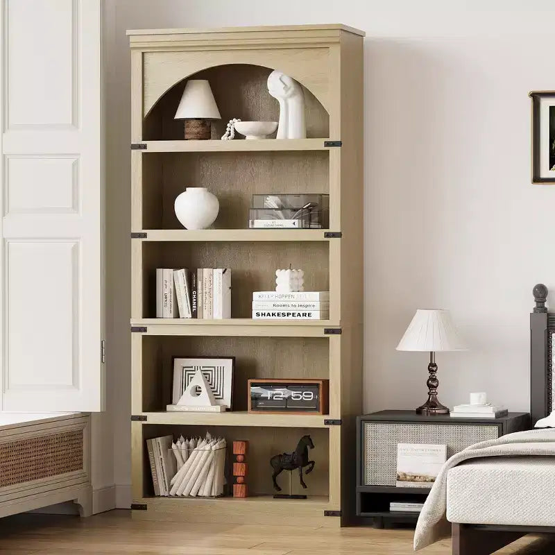 Libreria ad arco in stile rustico alta 174,5 cm, scaffale a 5 ripiani in legno per soggiorno, ufficio e biblioteca