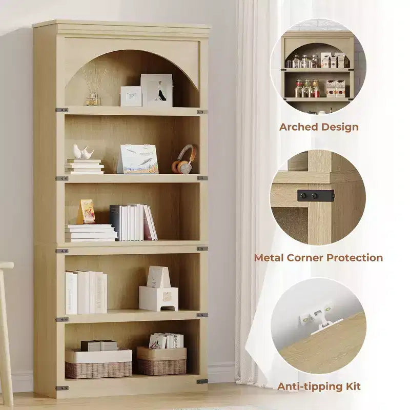 Libreria ad arco in stile rustico alta 174,5 cm, scaffale a 5 ripiani in legno per soggiorno, ufficio e biblioteca