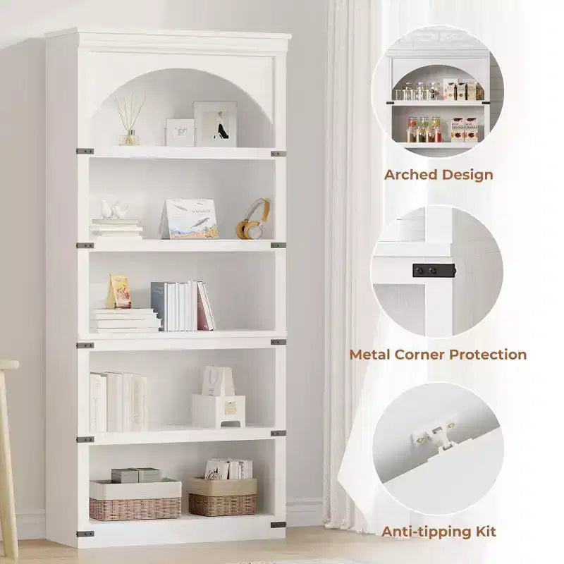 Libreria ad arco in stile rustico alta 174,5 cm, scaffale a 5 ripiani in legno per soggiorno, ufficio e biblioteca