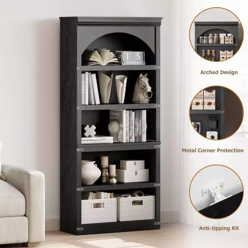 Libreria ad arco in stile rustico alta 174,5 cm, scaffale a 5 ripiani in legno per soggiorno, ufficio e biblioteca