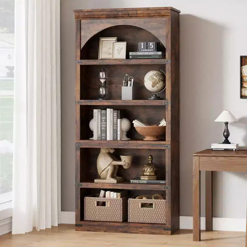 Libreria ad arco in stile rustico alta 174,5 cm, scaffale a 5 ripiani in legno per soggiorno, ufficio e biblioteca