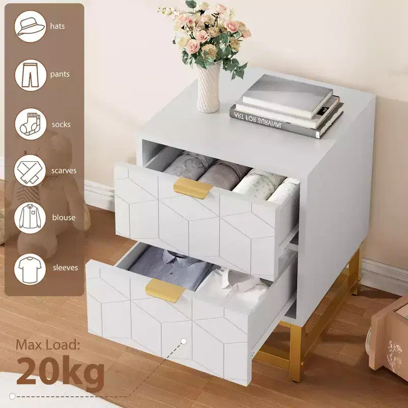 Comodino con 2 cassetti, Cassettiera piccola, Comodino da comodino, Tavolo per camera da letto, Soggiorno,