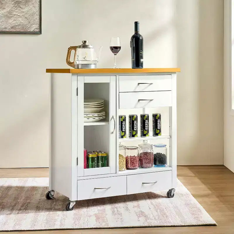 Carrello da cucina con isola Okak con anta in vetro, carrello da cucina con 4 cassetti, 1 ripiano e barra portatovaglioli, organizer da piano di lavoro per sala da pranzo, bianco+rovere