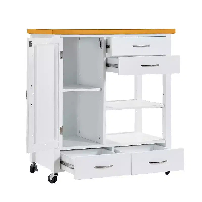 Carrello da cucina con isola Okak con anta in vetro, carrello da cucina con 4 cassetti, 1 ripiano e barra portatovaglioli, organizer da piano di lavoro per sala da pranzo, bianco+rovere