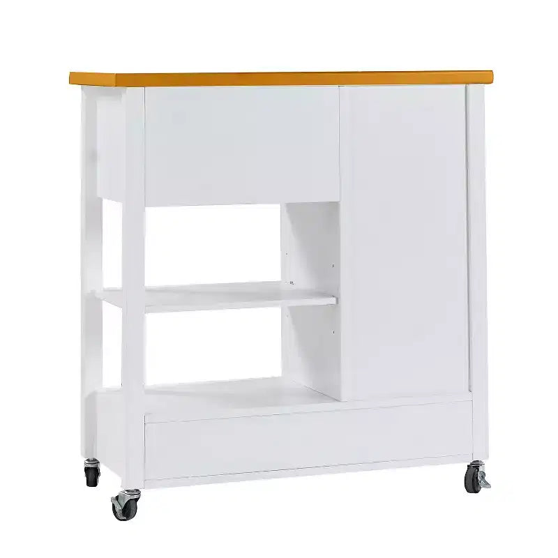 Carrello da cucina con isola Okak con anta in vetro, carrello da cucina con 4 cassetti, 1 ripiano e barra portatovaglioli, organizer da piano di lavoro per sala da pranzo, bianco+rovere