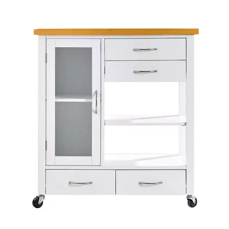 Carrello da cucina con isola Okak con anta in vetro, carrello da cucina con 4 cassetti, 1 ripiano e barra portatovaglioli, organizer da piano di lavoro per sala da pranzo, bianco+rovere