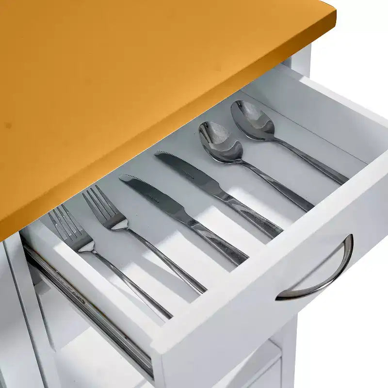 Carrello da cucina con isola Okak con anta in vetro, carrello da cucina con 4 cassetti, 1 ripiano e barra portatovaglioli, organizer da piano di lavoro per sala da pranzo, bianco+rovere