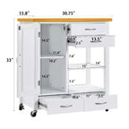 Carrello da cucina con isola Okak con anta in vetro, carrello da cucina con 4 cassetti, 1 ripiano e barra portatovaglioli, organizer da piano di lavoro per sala da pranzo, bianco+rovere