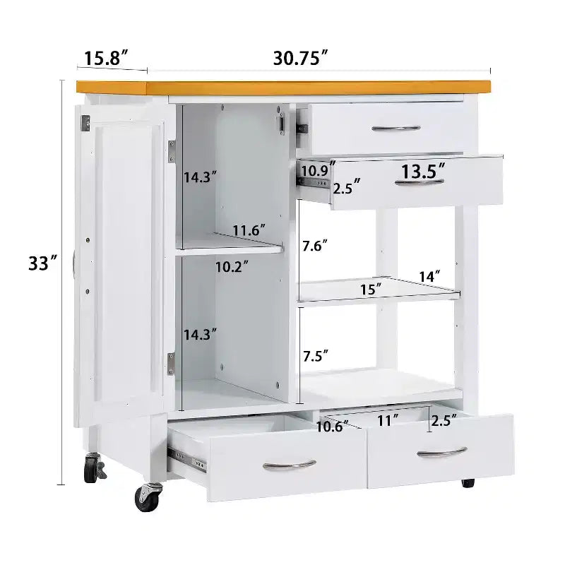 Carrello da cucina con isola Okak con anta in vetro, carrello da cucina con 4 cassetti, 1 ripiano e barra portatovaglioli, organizer da piano di lavoro per sala da pranzo, bianco+rovere