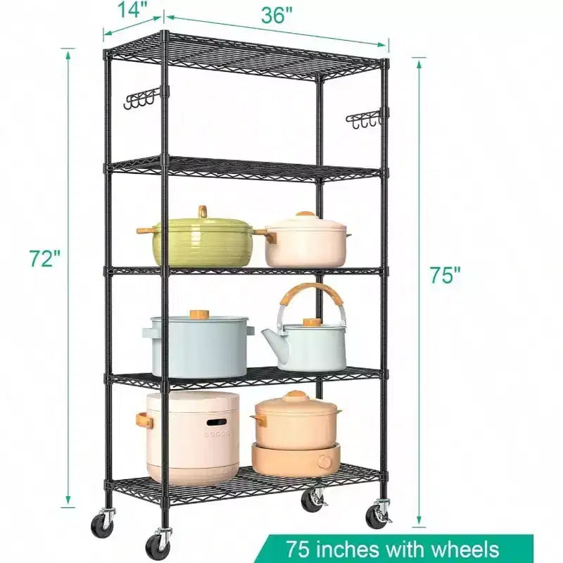 Scaffale portaoggetti a 5 ripiani con ruote, scaffalatura regolabile in metallo per cucina, garage, dispensa, ripostiglio, lavanderia