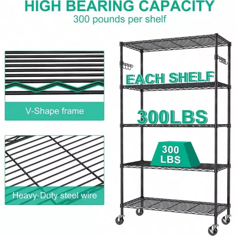 Scaffale portaoggetti a 5 ripiani con ruote, scaffalatura regolabile in metallo per cucina, garage, dispensa, ripostiglio, lavanderia