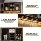 Mobile Bar da Caffè da 183 cm con Anta Scorrevole a Granaio, LED RGB, Porta Bicchieri da Vino e Stazione di Ricarica