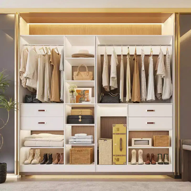 Besiost Set di Sistema Organizzatore per Armadio da 80 Pollici con Cassetti in Legno, Guardaroba Autoportante con Appendiabiti