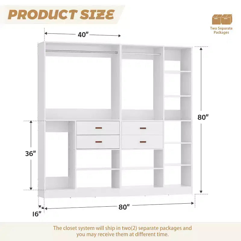 Besiost Set di Sistema Organizzatore per Armadio da 80 Pollici con Cassetti in Legno, Guardaroba Autoportante con Appendiabiti