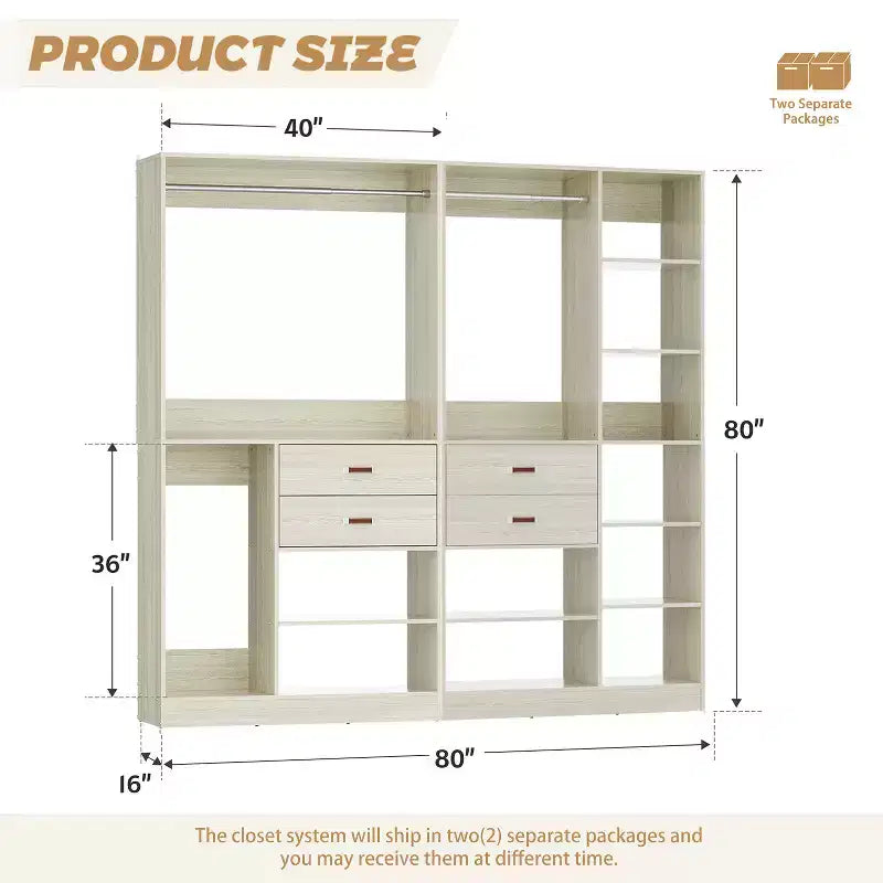 Besiost Set di Sistema Organizzatore per Armadio da 80 Pollici con Cassetti in Legno, Guardaroba Autoportante con Appendiabiti