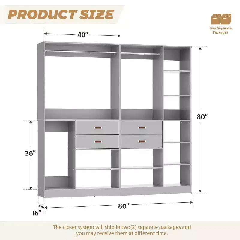 Besiost Set di Sistema Organizzatore per Armadio da 80 Pollici con Cassetti in Legno, Guardaroba Autoportante con Appendiabiti