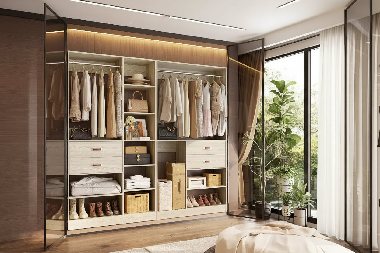 Besiost 80-In Closet Organizer System Set with Wood Drawers, Freestanding Wardrobe with Clothes Rack