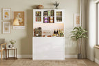 71inTall Kitchen Pantry Cabinet, Kitchen Storage Hutch with Led Lights Power Outlets, Microwave Stand, Glass Door, Adjustable Shelves, Handless Design