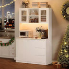 Dispensa da cucina alta 180 cm, credenza da cucina con luci a LED e prese di corrente, porta microonde, anta in vetro, ripiani regolabili, design senza maniglie