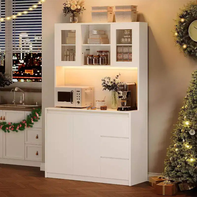 Dispensa da cucina alta 180 cm, credenza da cucina con luci a LED e prese di corrente, porta microonde, anta in vetro, ripiani regolabili, design senza maniglie
