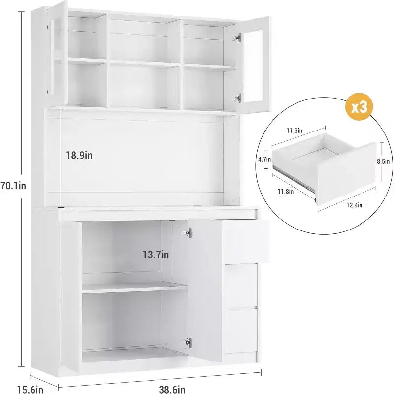 Dispensa da cucina alta 180 cm, credenza da cucina con luci a LED e prese di corrente, porta microonde, anta in vetro, ripiani regolabili, design senza maniglie