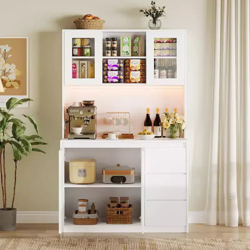 Dispensa da cucina alta 180 cm, credenza da cucina con luci a LED e prese di corrente, porta microonde, anta in vetro, ripiani regolabili, design senza maniglie