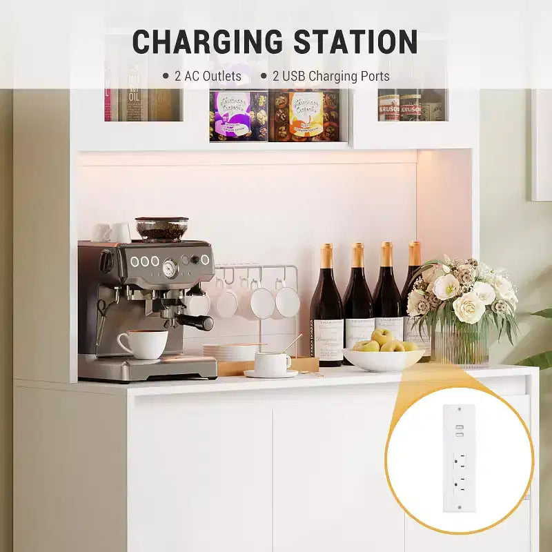 Dispensa da cucina alta 180 cm, credenza da cucina con luci a LED e prese di corrente, porta microonde, anta in vetro, ripiani regolabili, design senza maniglie