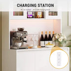 Dispensa da cucina alta 180 cm, credenza da cucina con luci a LED e prese di corrente, porta microonde, anta in vetro, ripiani regolabili, design senza maniglie